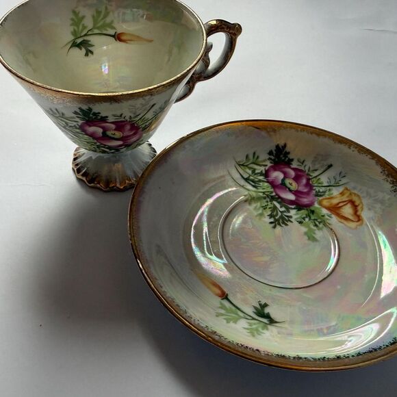 VTG Sterling China Japan Birth Month-August Poppy Iridescent Teacup & Saucer - Picture 3 of 10